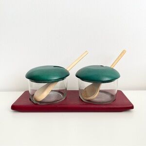 Handmade in Thailand Condiment Jam Bowls Set Rubberwood Glass Red Green MCM